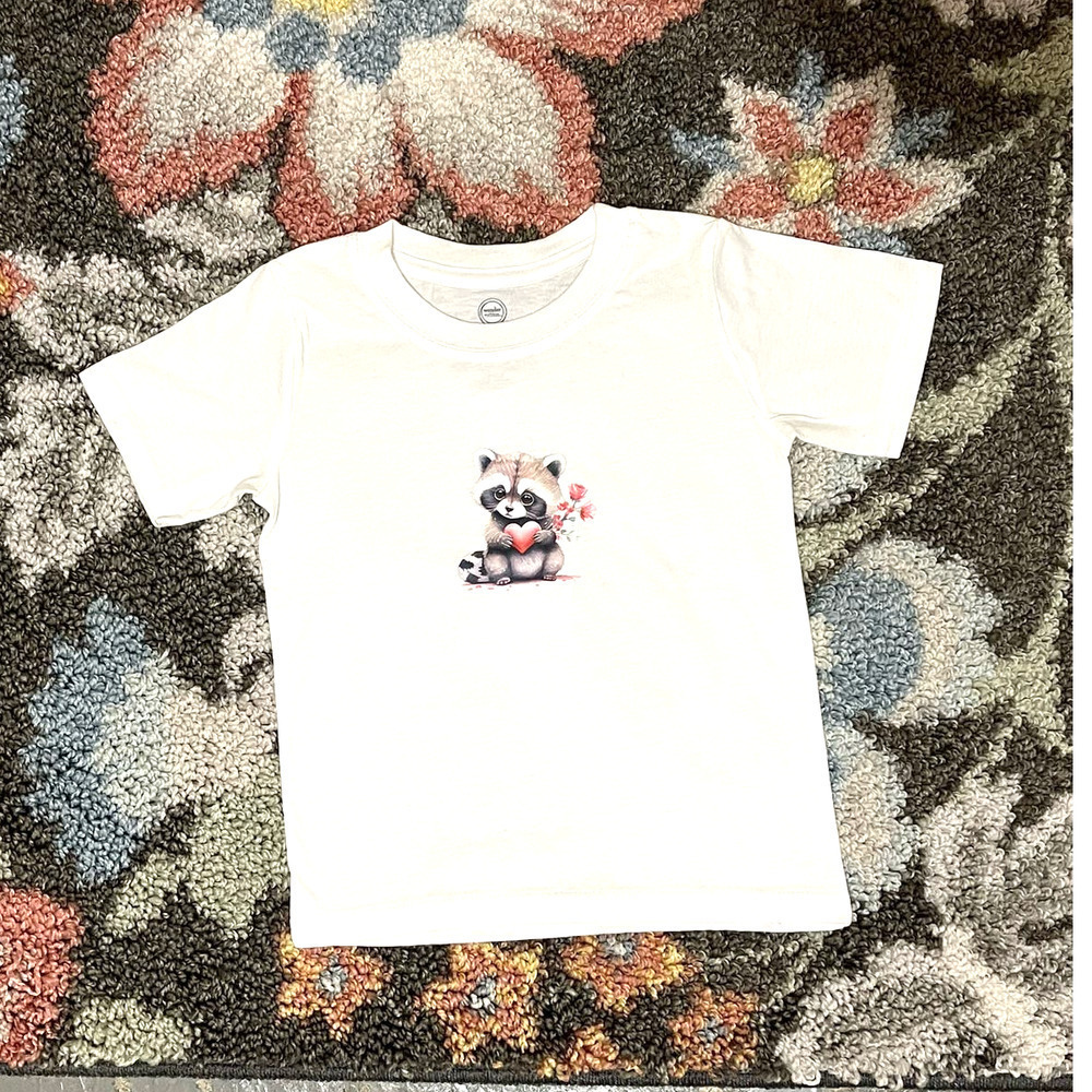 Raccoon Love Toddler Tee Shirt Top 2T-3T White Graphic Custom Made
